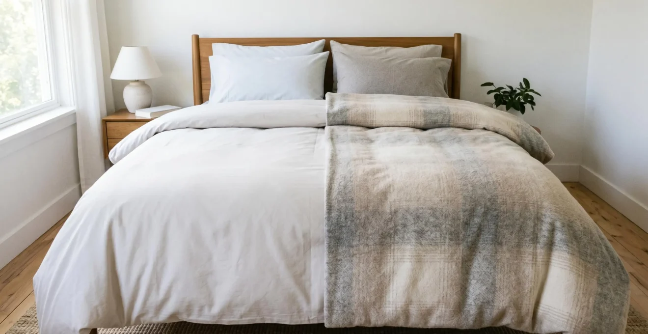 Comparaison côte à côte de deux housses de couette sur un lit : percale légère aux tons frais à gauche, flanelle moelleuse aux tons chauds à droite