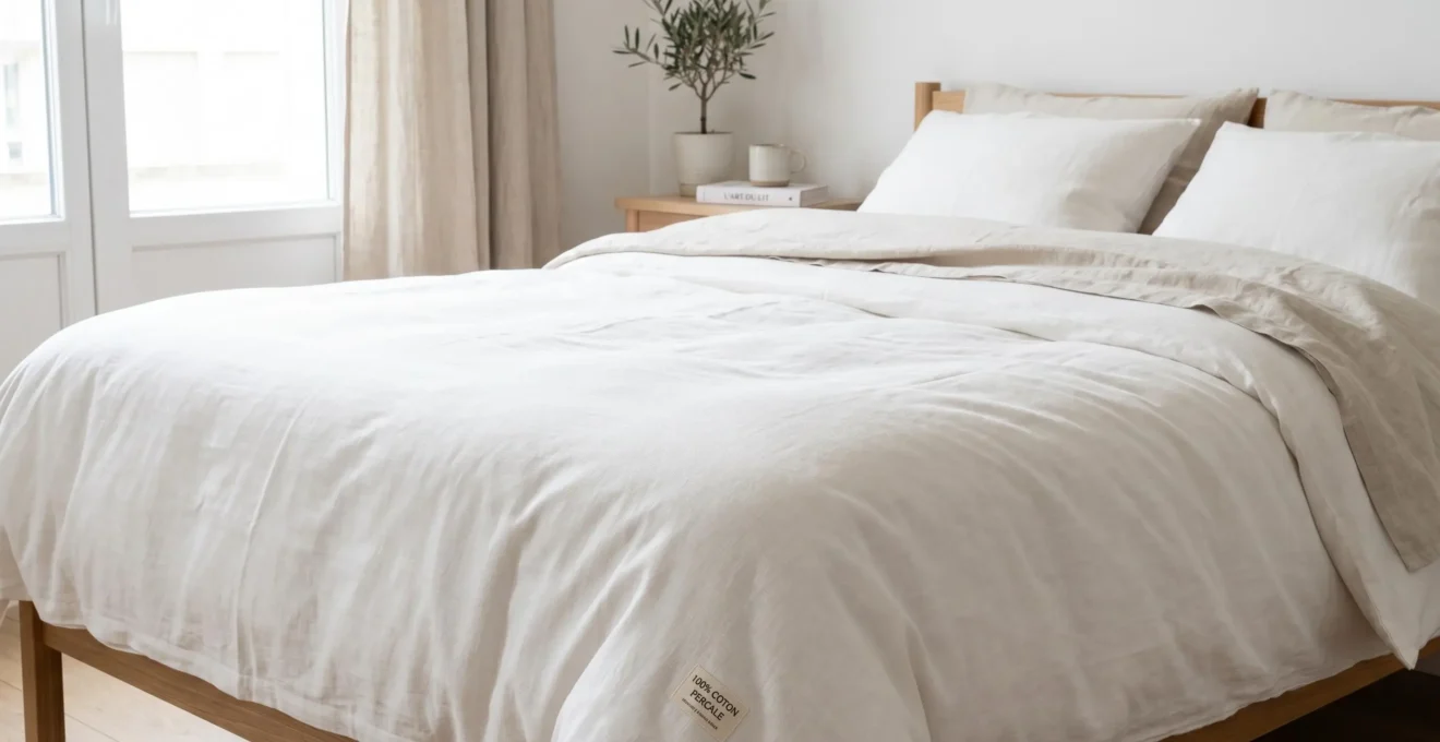 Lit habillé d'une housse de couette en percale de coton blanche dans une chambre lumineuse aux tons naturels, texture du tissage visible au premier plan